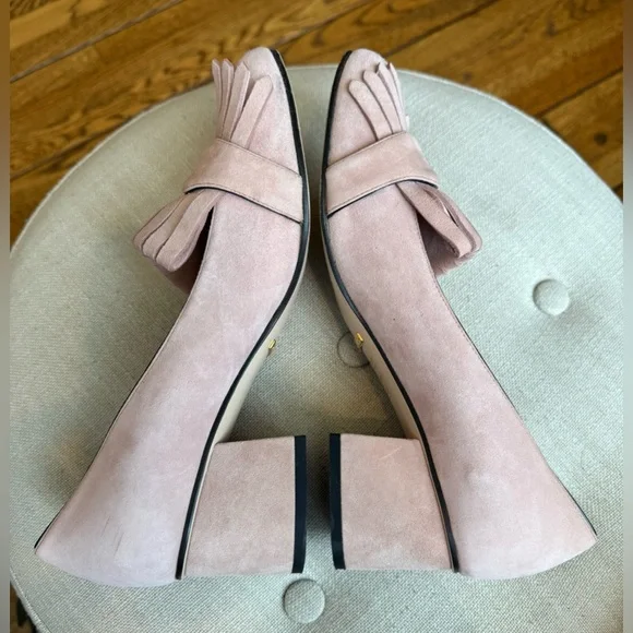 Gucci GG Kiltie Fringe Mid Heel Crystal Pink Suede w/ Gold Pump Women's 38.5 - Picture 13 of 16